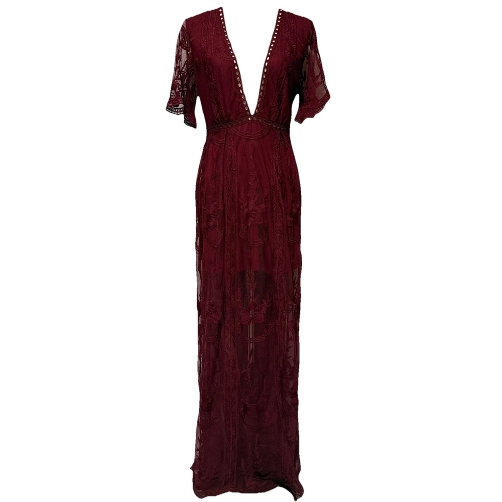 Showpo Love Spell Maxi Dress Wine Embroidered Floral Lace Overlay Boho Size 8